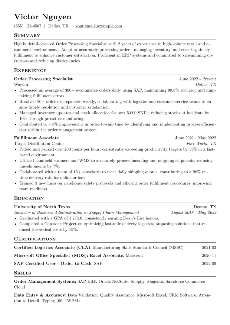 Order Processing Specialist Resume Example CV template preview
