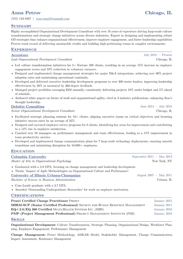 Organizational Development Consultant Resume Example CV template preview