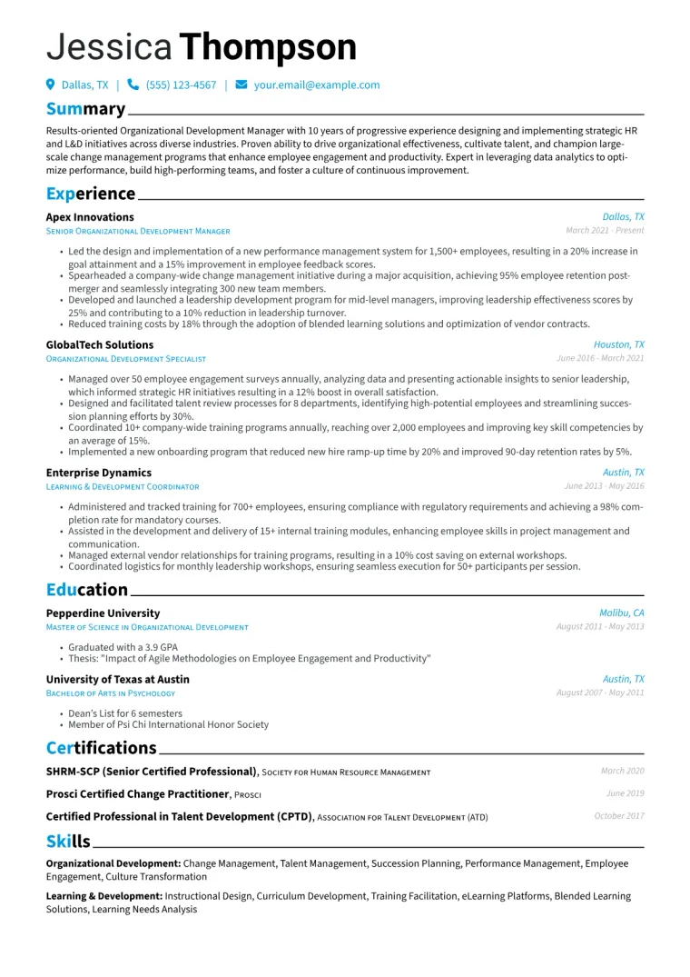 Organizational Development Manager Resume Example CV template preview