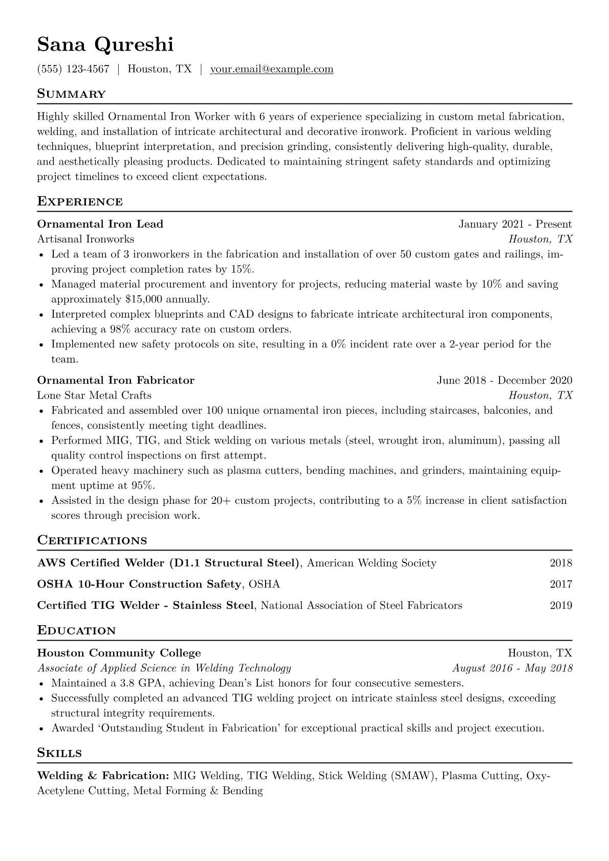 Ornamental Iron Worker Resume Example CV template - Page 1