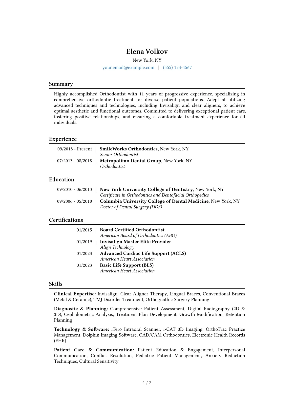 Orthodontist Resume Example CV template - Page 1