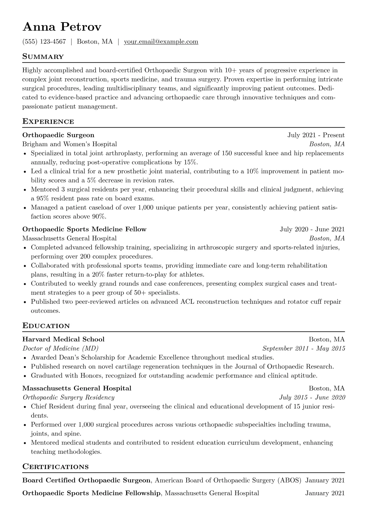 Orthopaedic Surgeon Resume Example CV template - Page 1