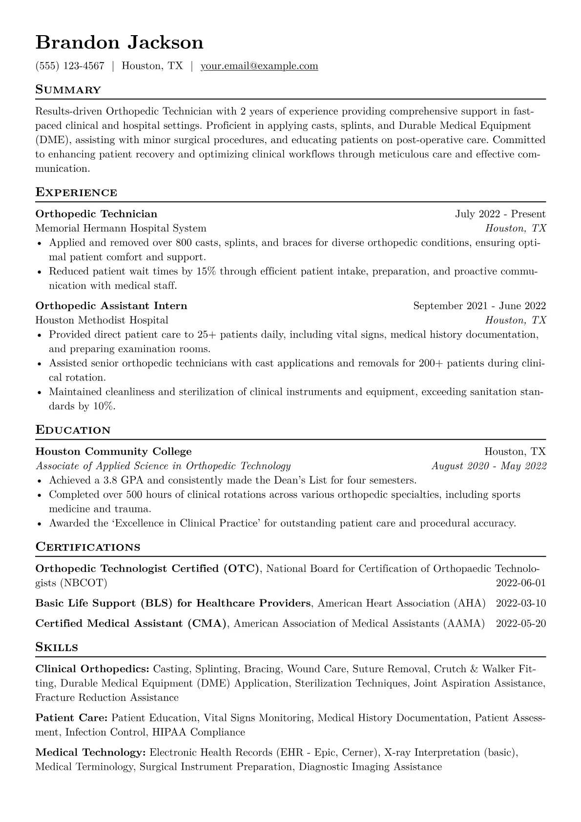 Orthopedic Technician Resume Example CV template - Page 1