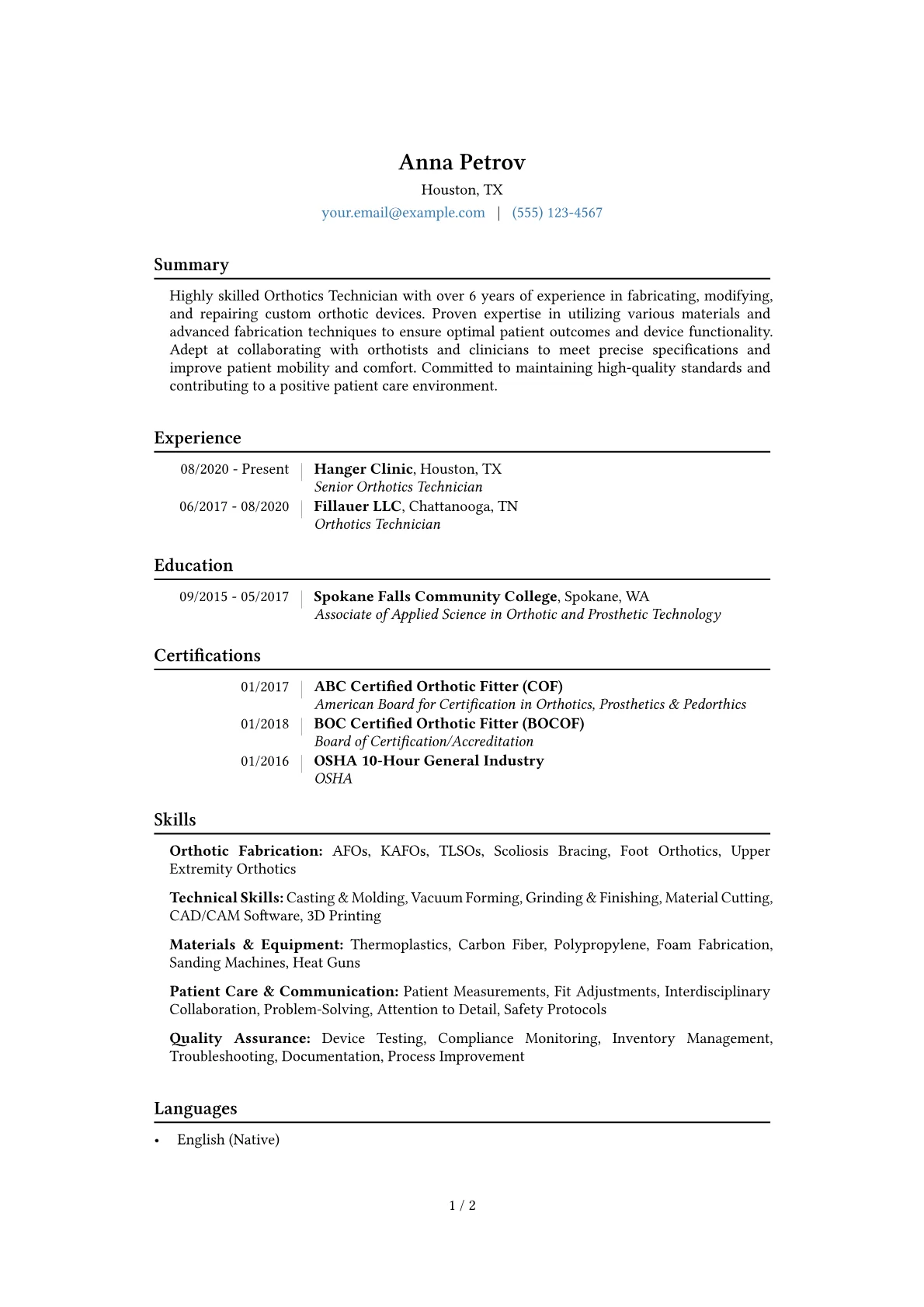 Orthotics Technician Resume Example CV template - Page 1