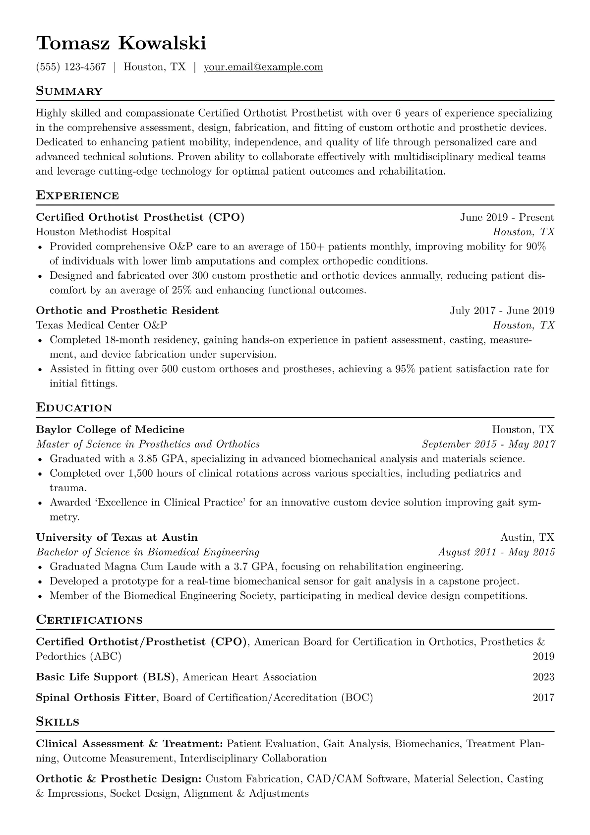 Orthotist Prosthetist Resume Example CV template - Page 1