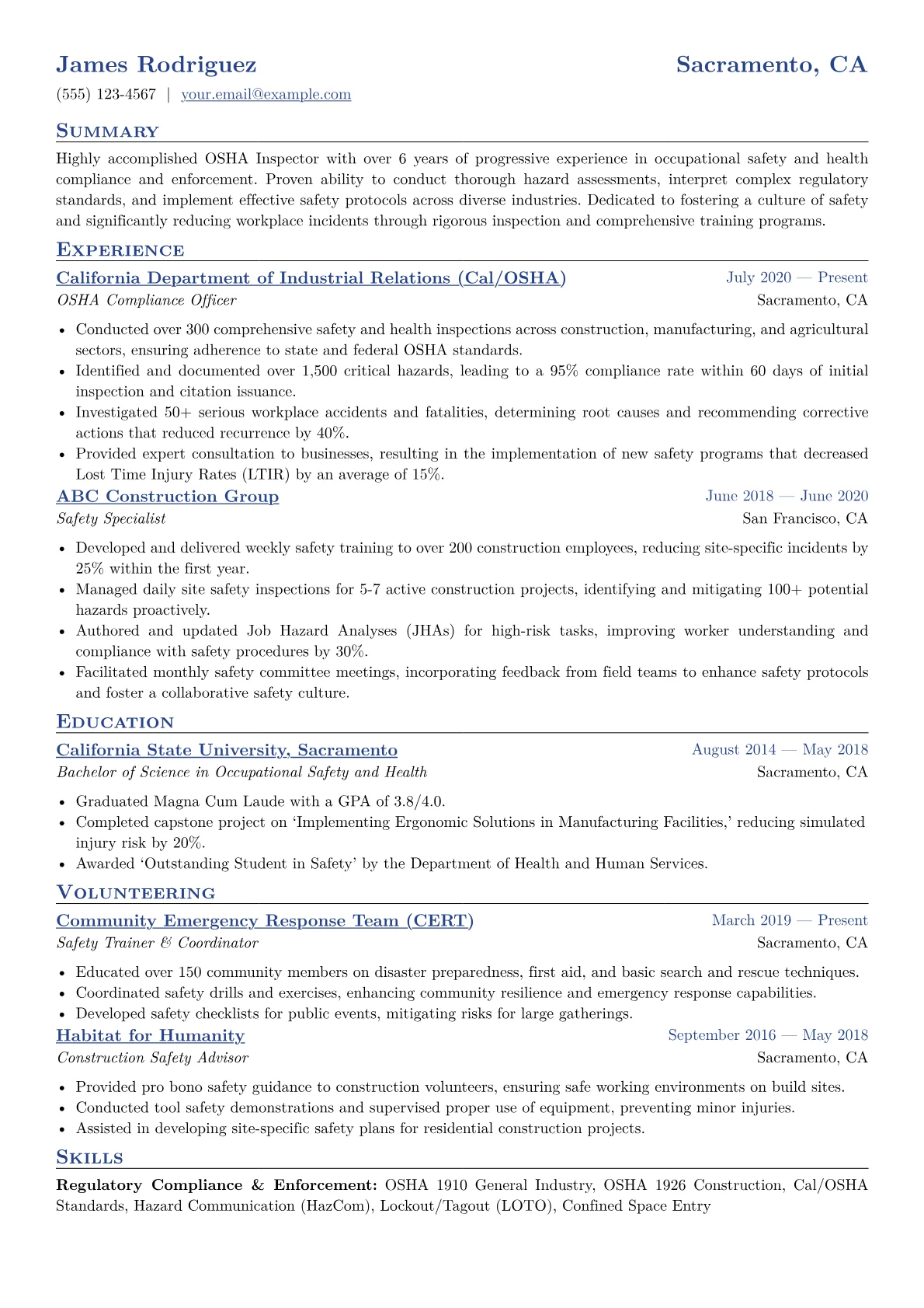 OSHA Inspector Resume Example CV template - Page 1