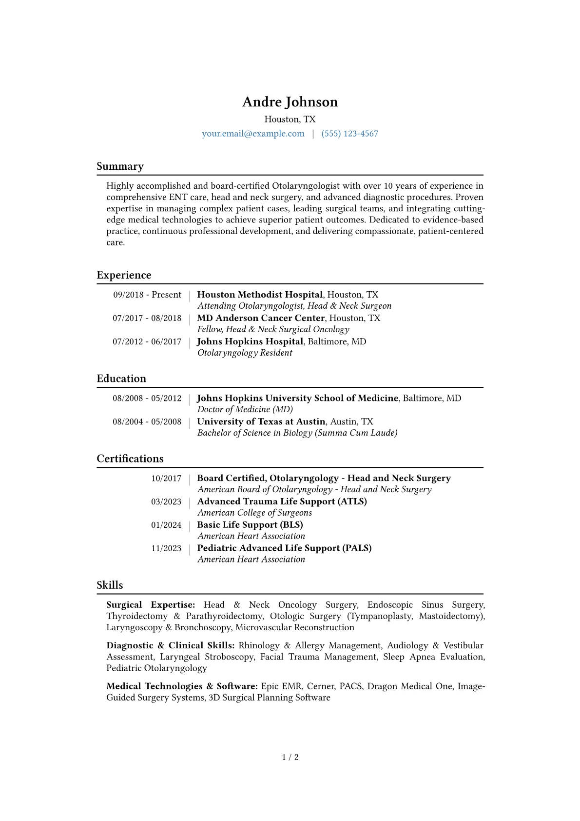 Otolaryngologist Resume Example CV template - Page 1