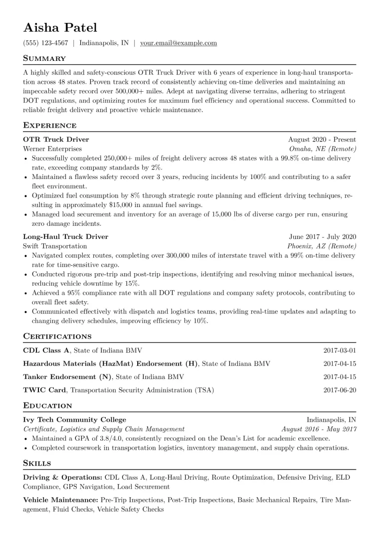 OTR Truck Driver Resume Example CV template preview