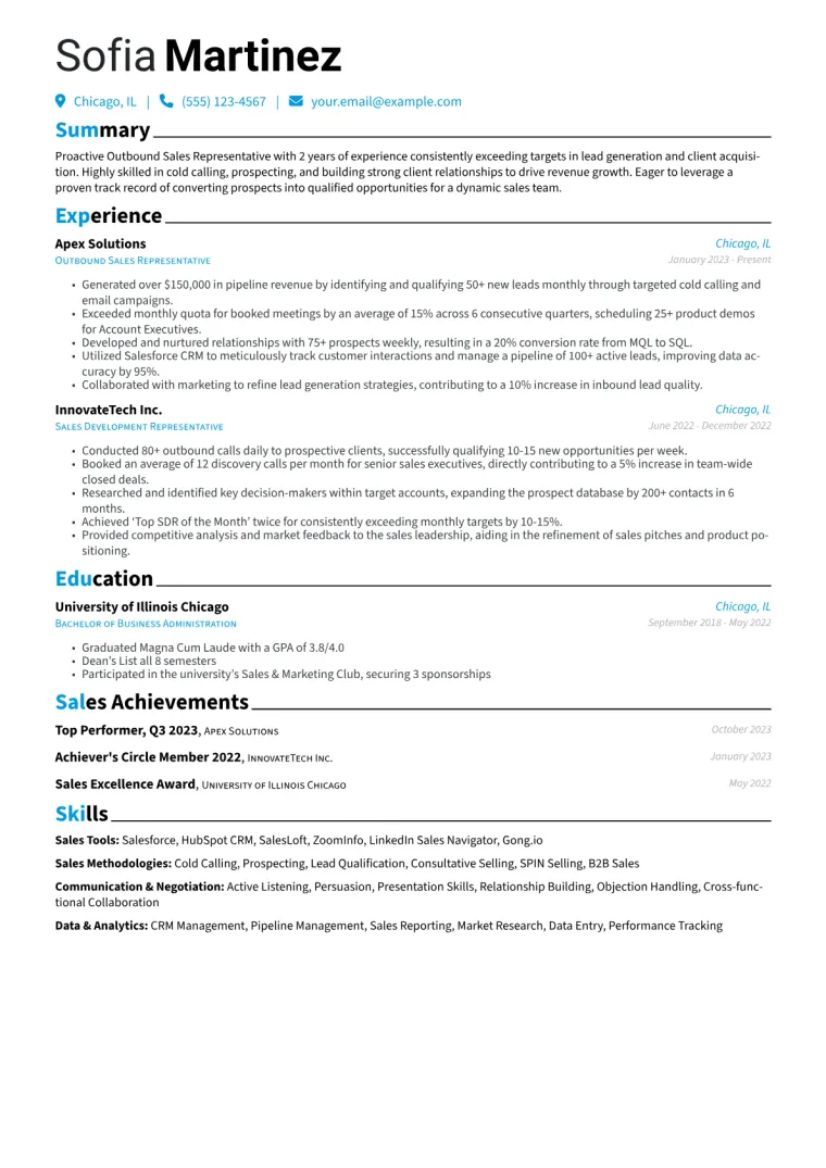 Outbound Sales Representative Resume Example CV template preview