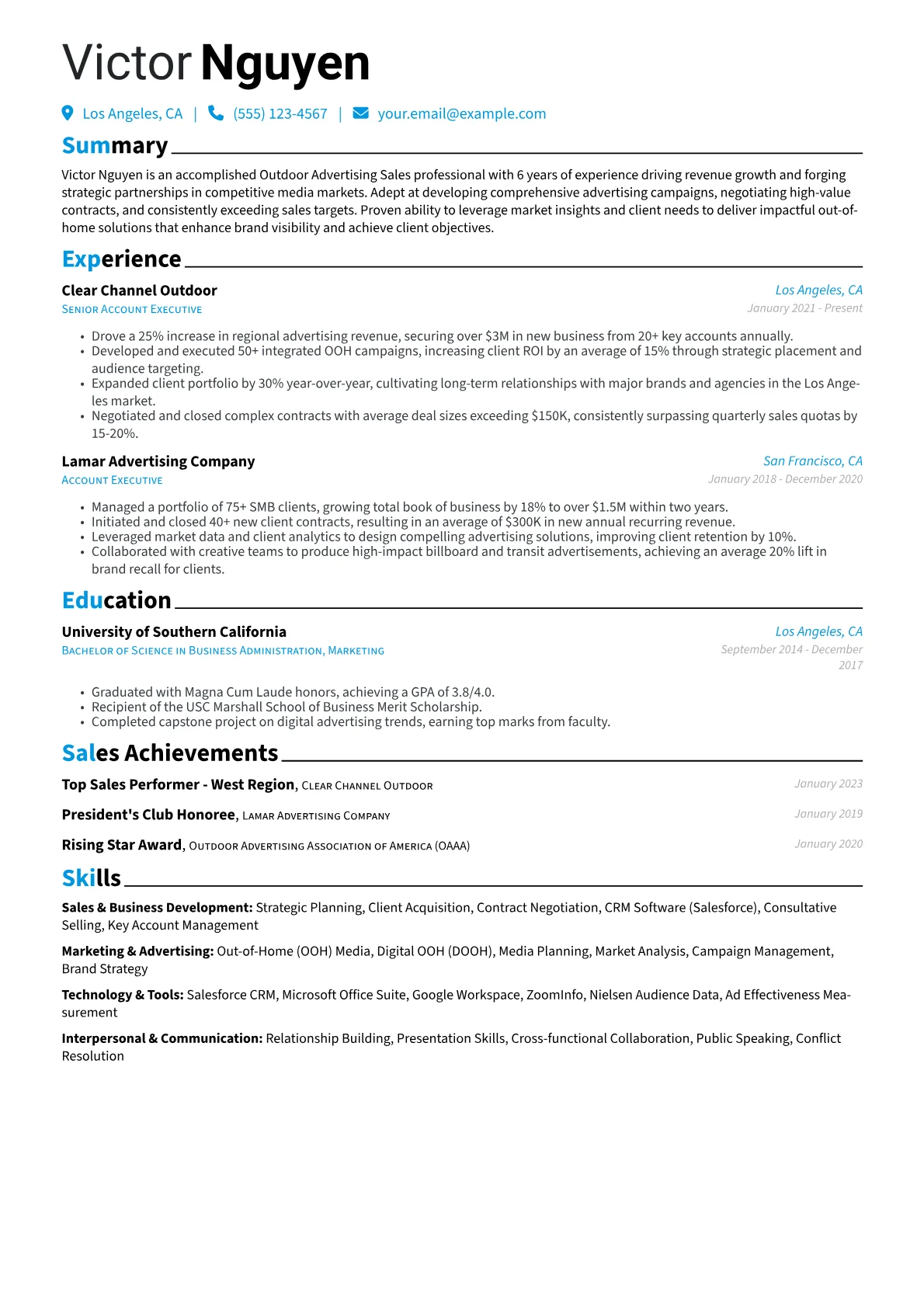 Outdoor Advertising Sales Resume Example CV template - Page 1