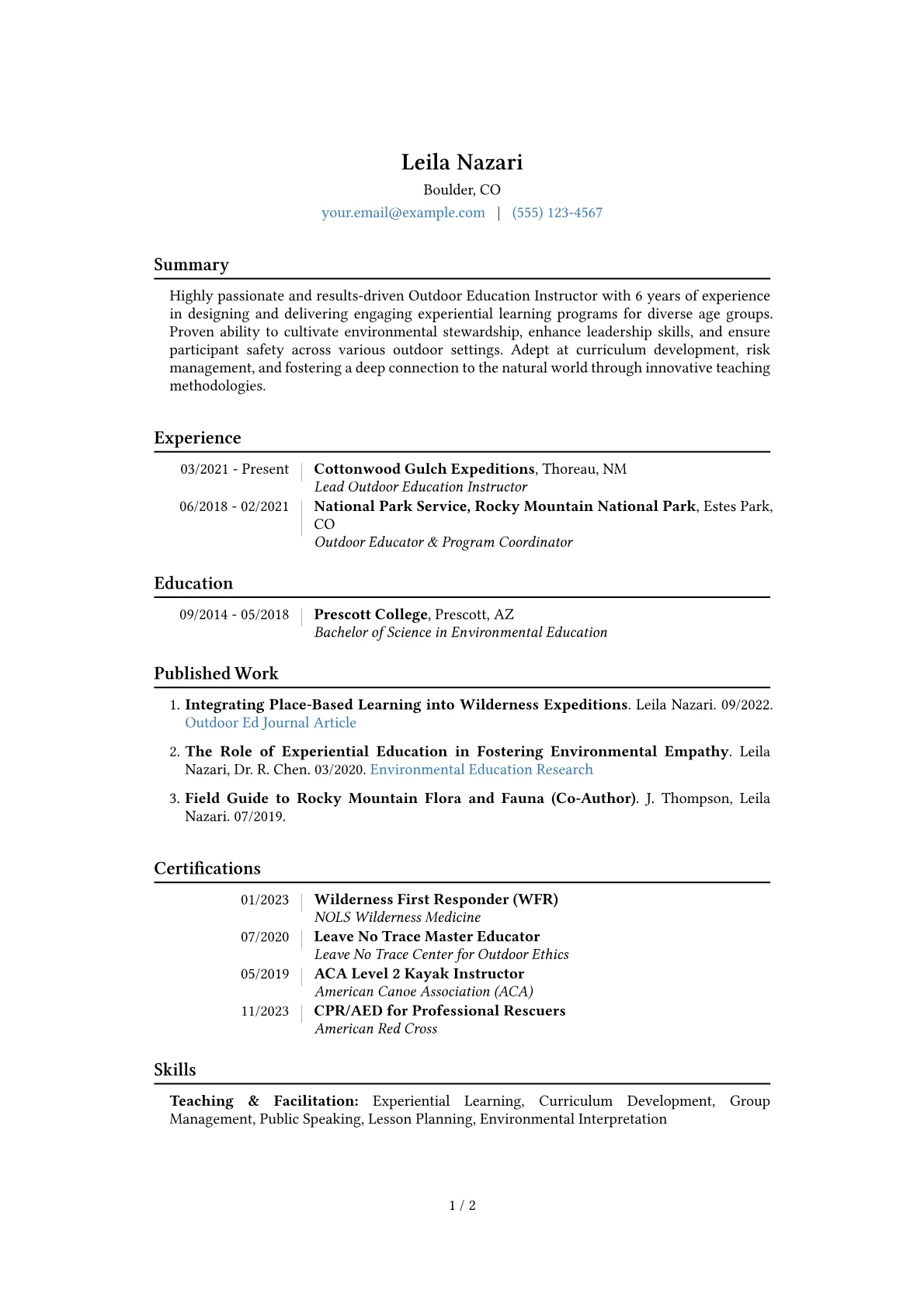 Outdoor Education Instructor Resume Example CV template - Page 1