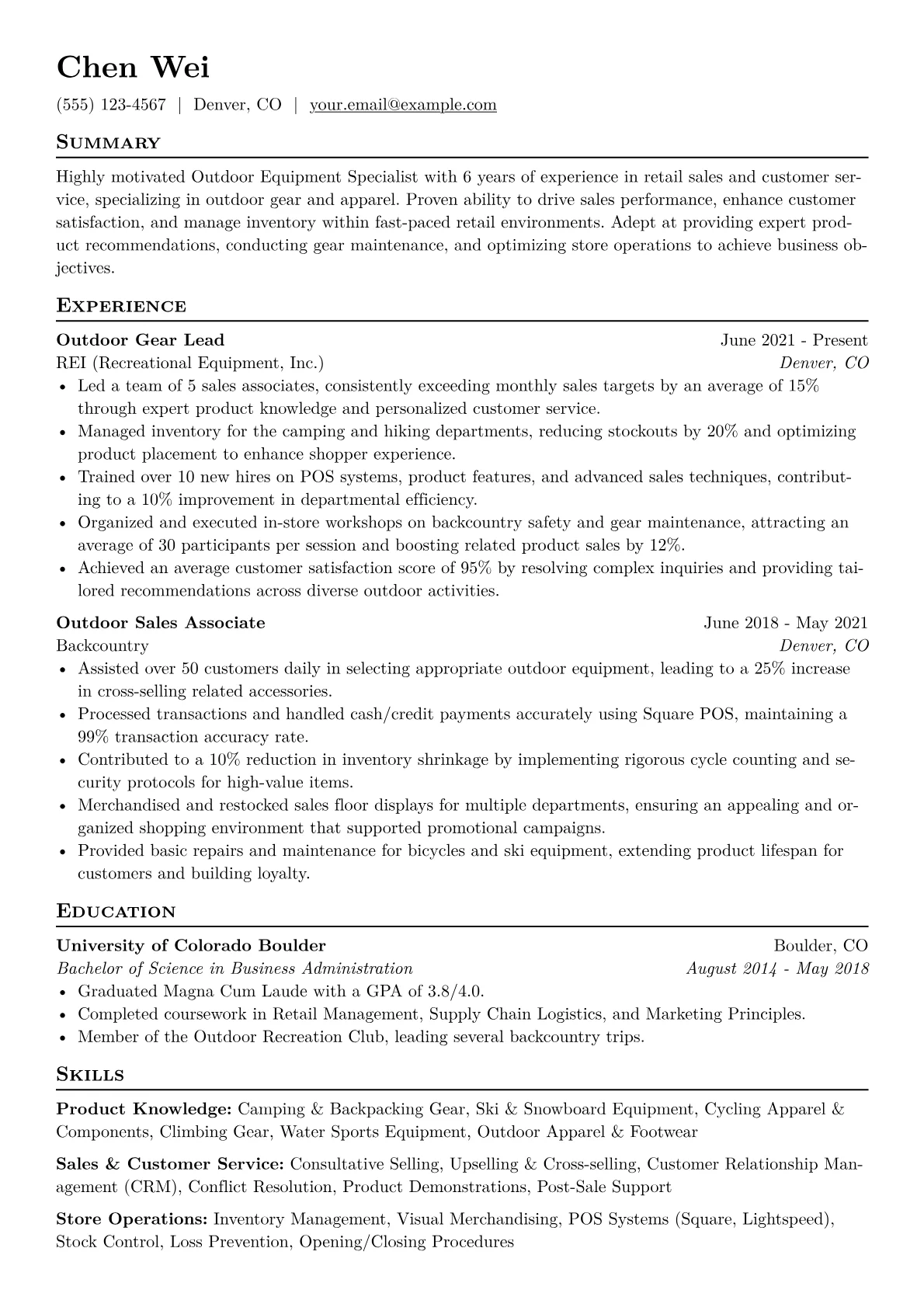 Outdoor Equipment Specialist Resume Example CV template - Page 1