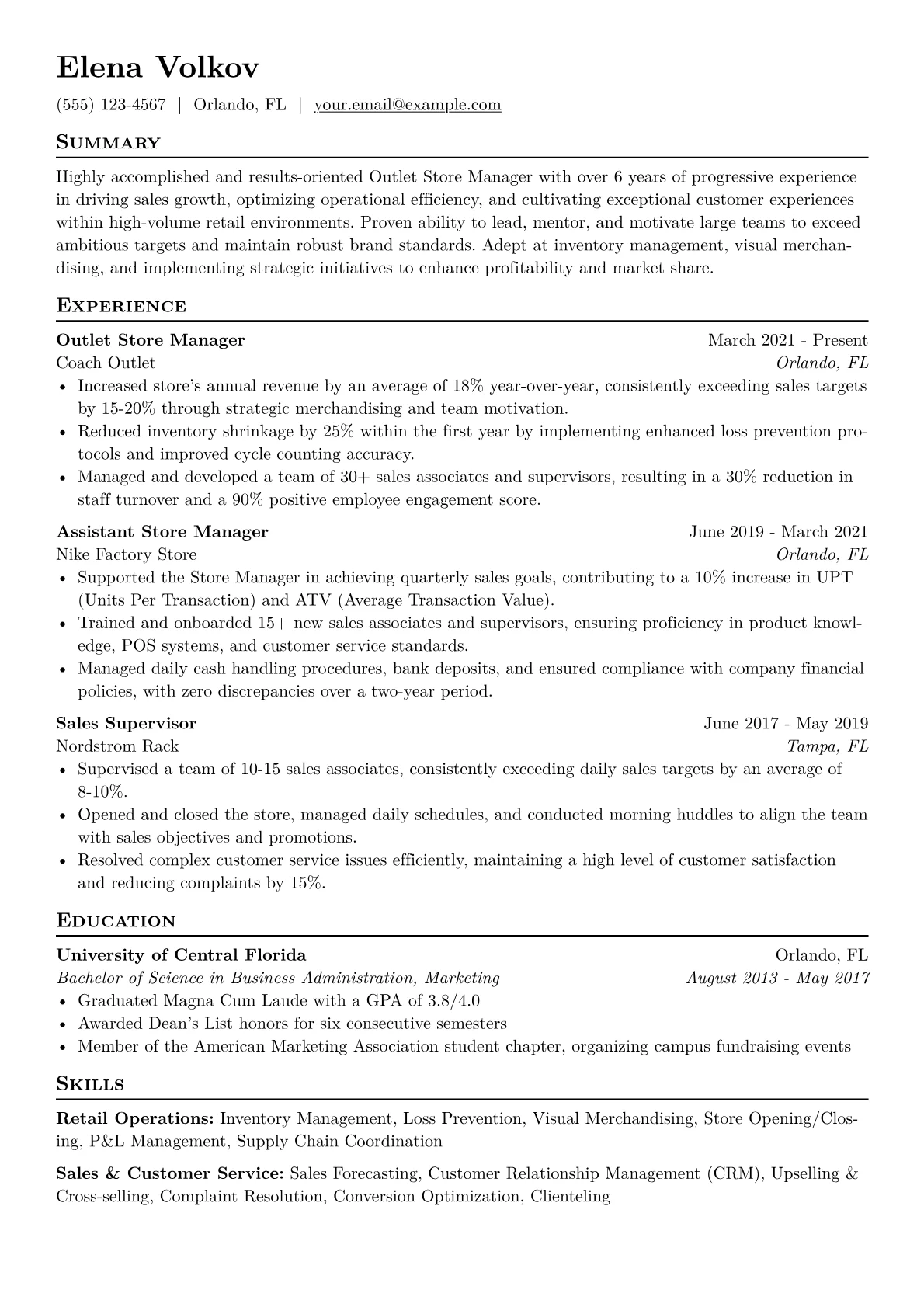 Outlet Store Manager Resume Example CV template - Page 1