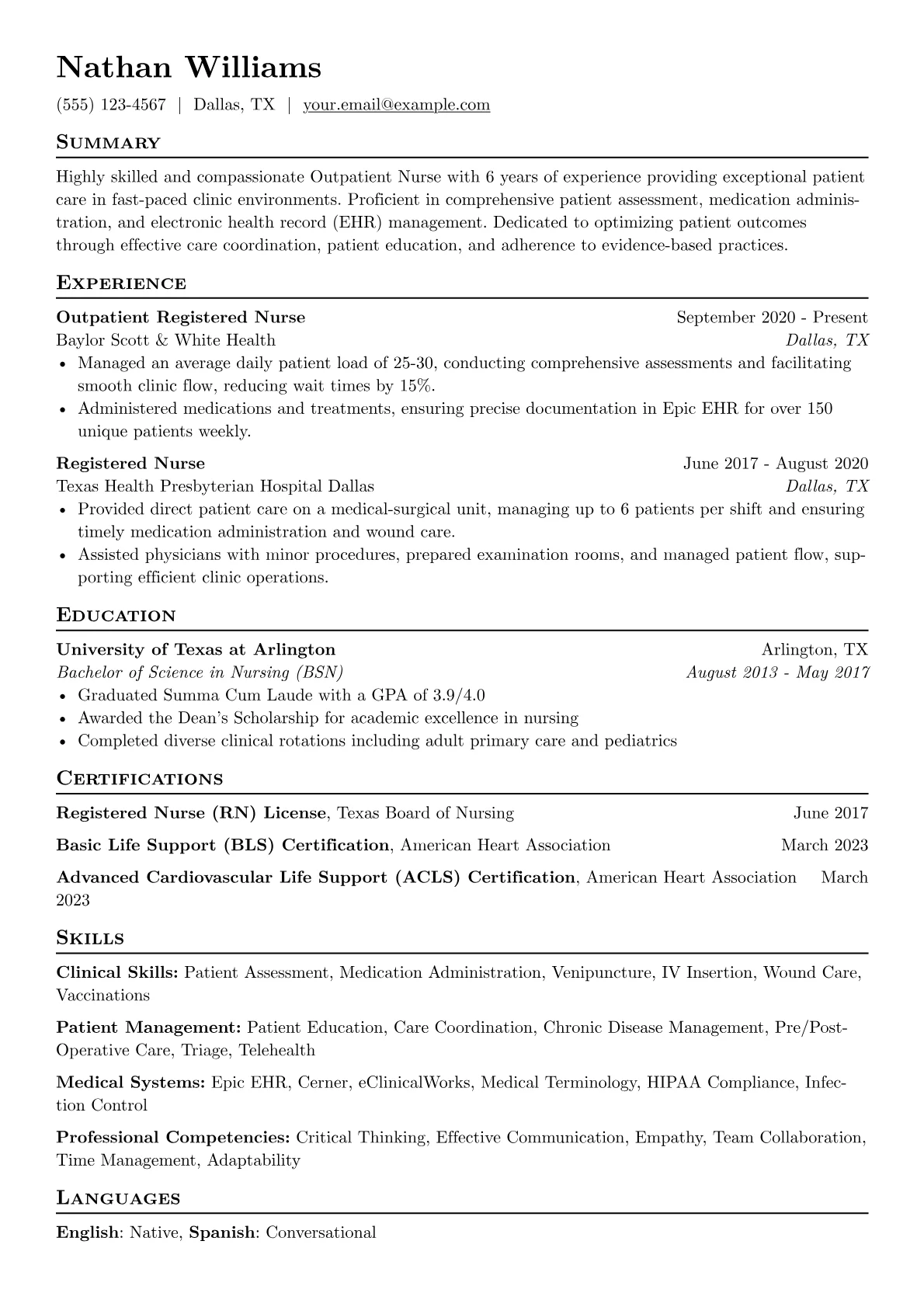 Outpatient Nurse Resume Example CV template - Page 1