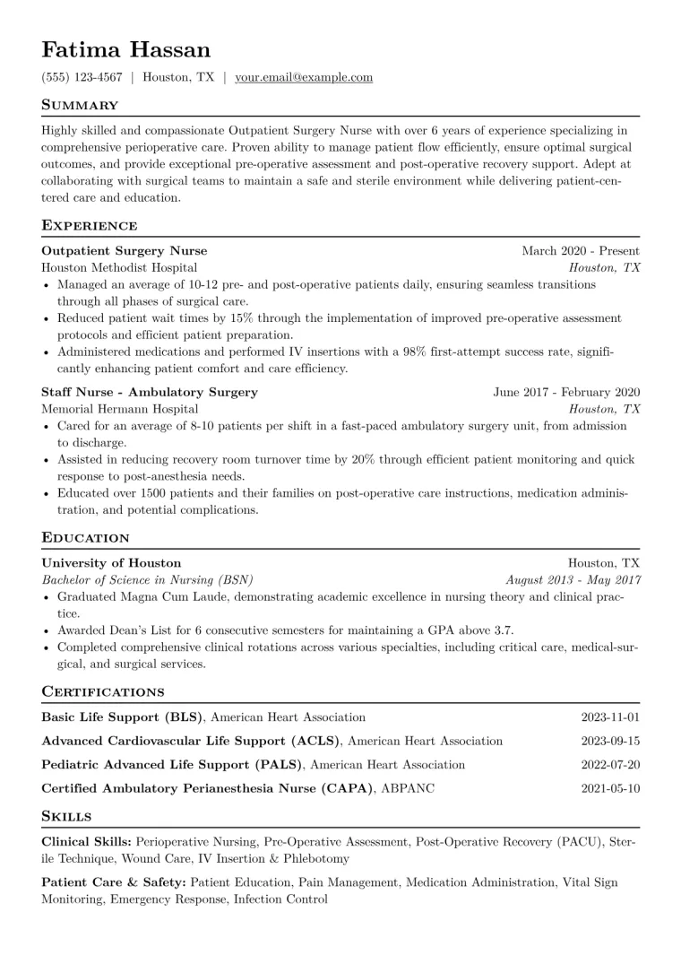 Outpatient Surgery Nurse Resume Example CV template preview