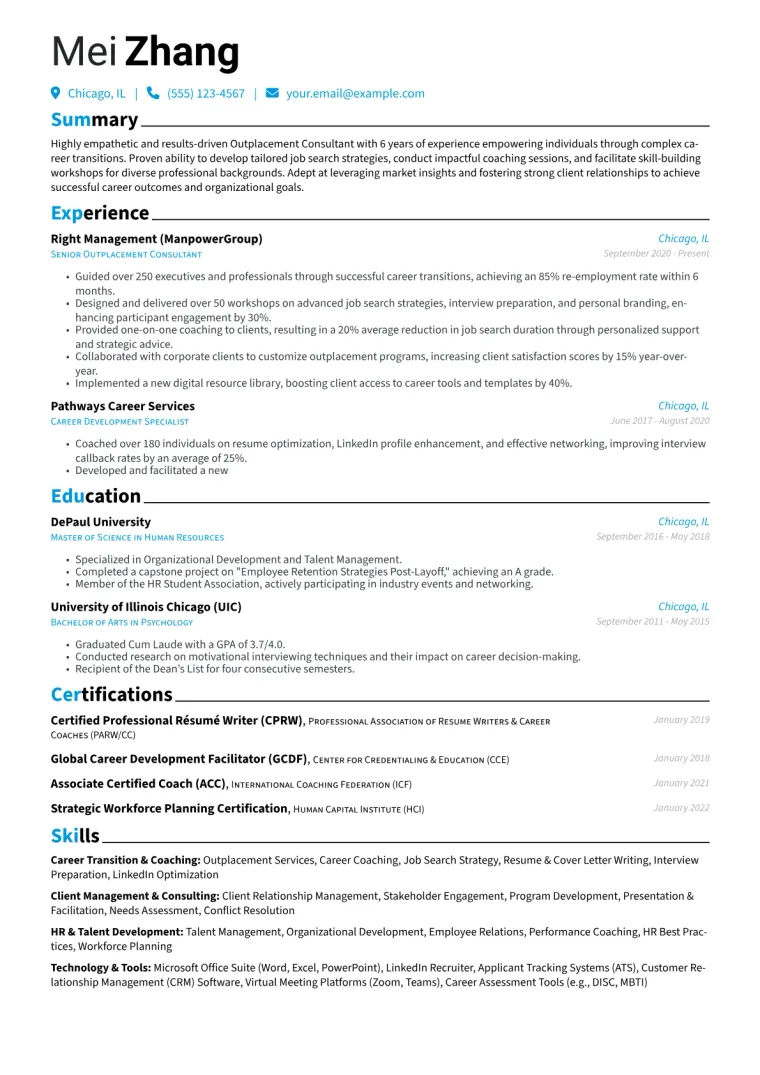 Outplacement Consultant Resume Example CV template preview