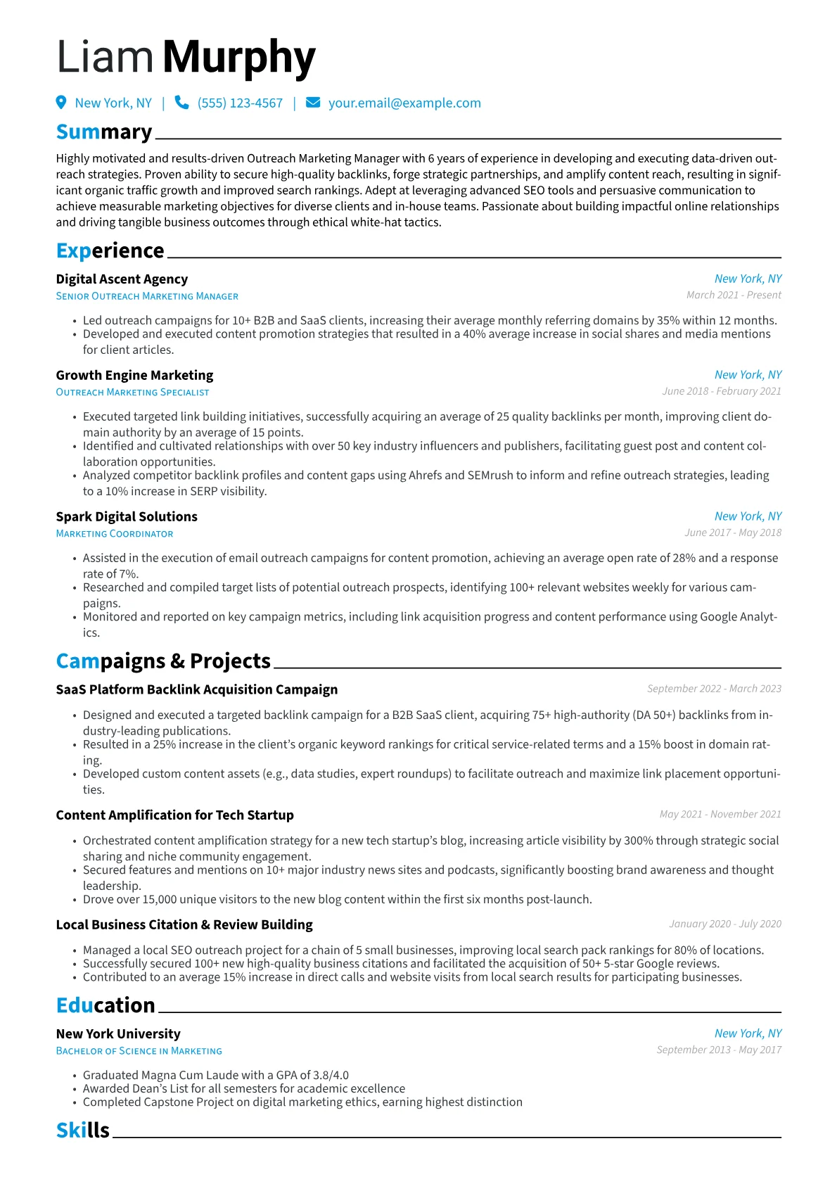 Outreach Marketing Manager Resume Example CV template - Page 1