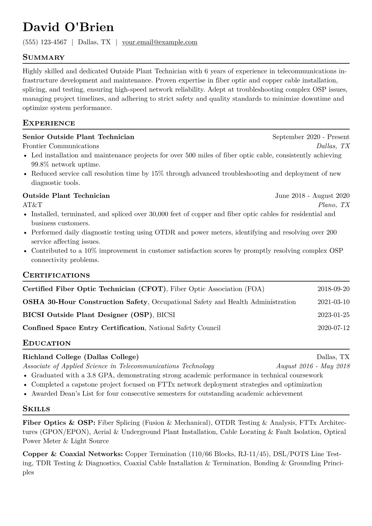 Outside Plant Technician Resume Example CV template - Page 1
