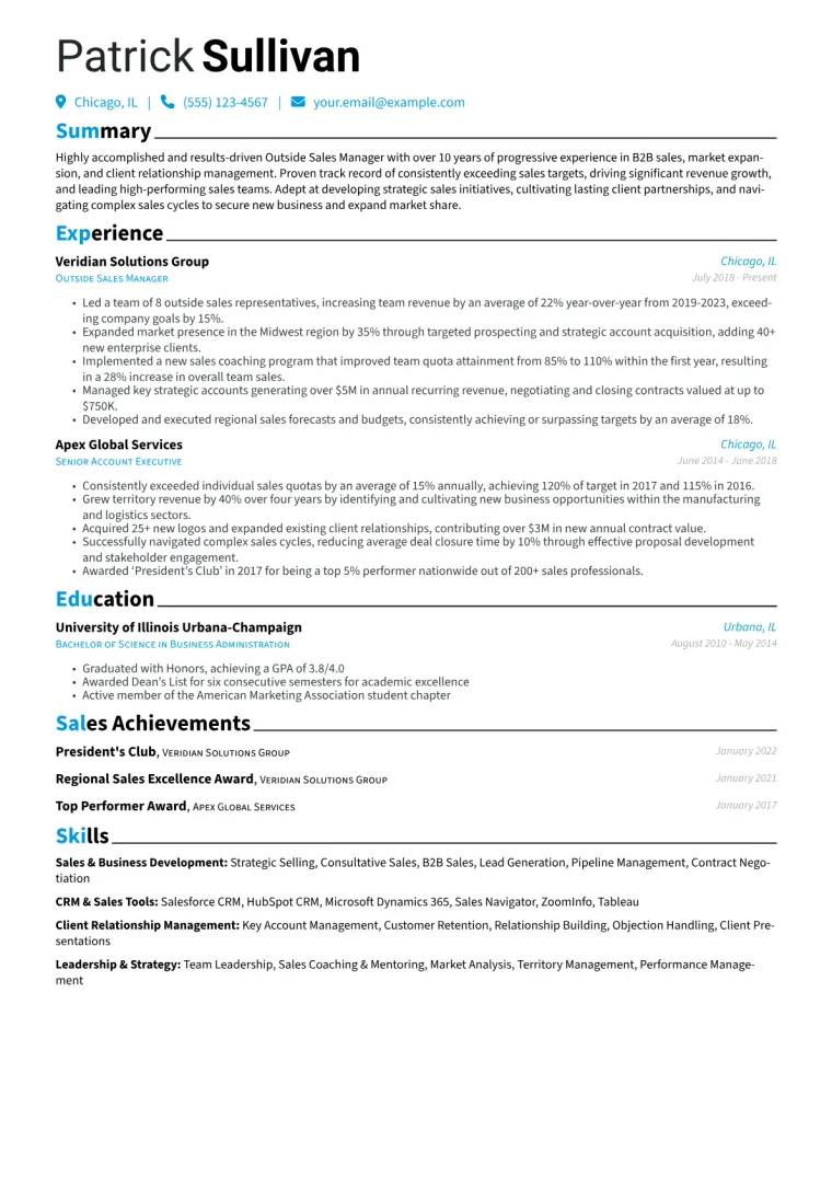 Outside Sales Manager Resume Example CV template preview
