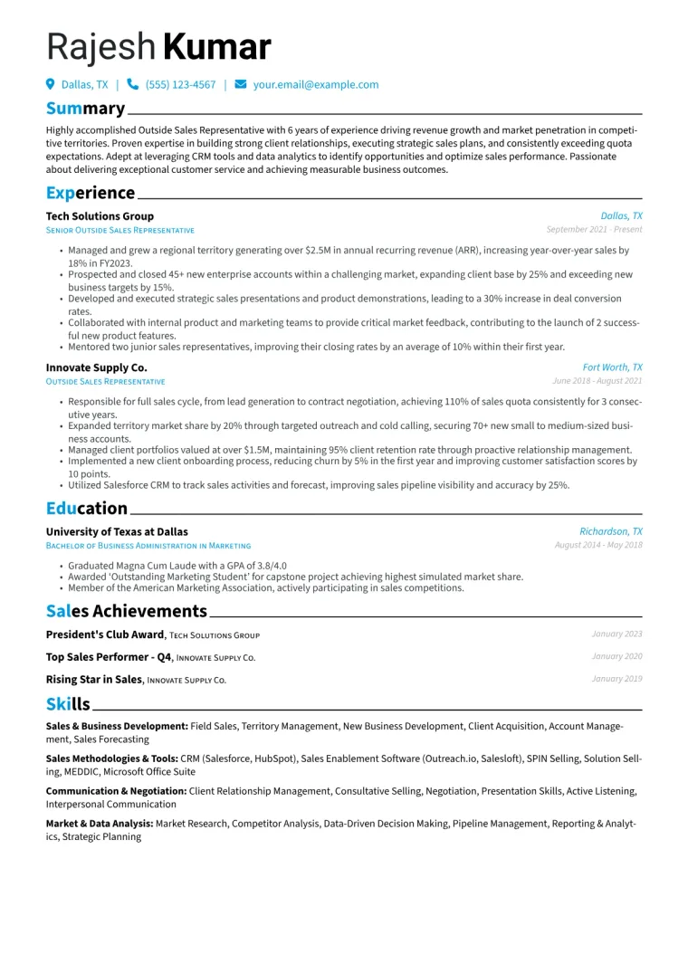 Outside Sales Representative Resume Example CV template preview