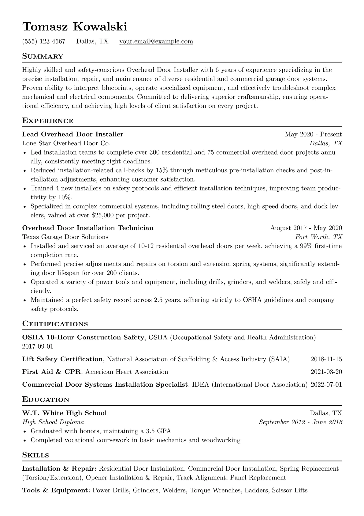 Overhead Door Installer Resume Example CV template - Page 1