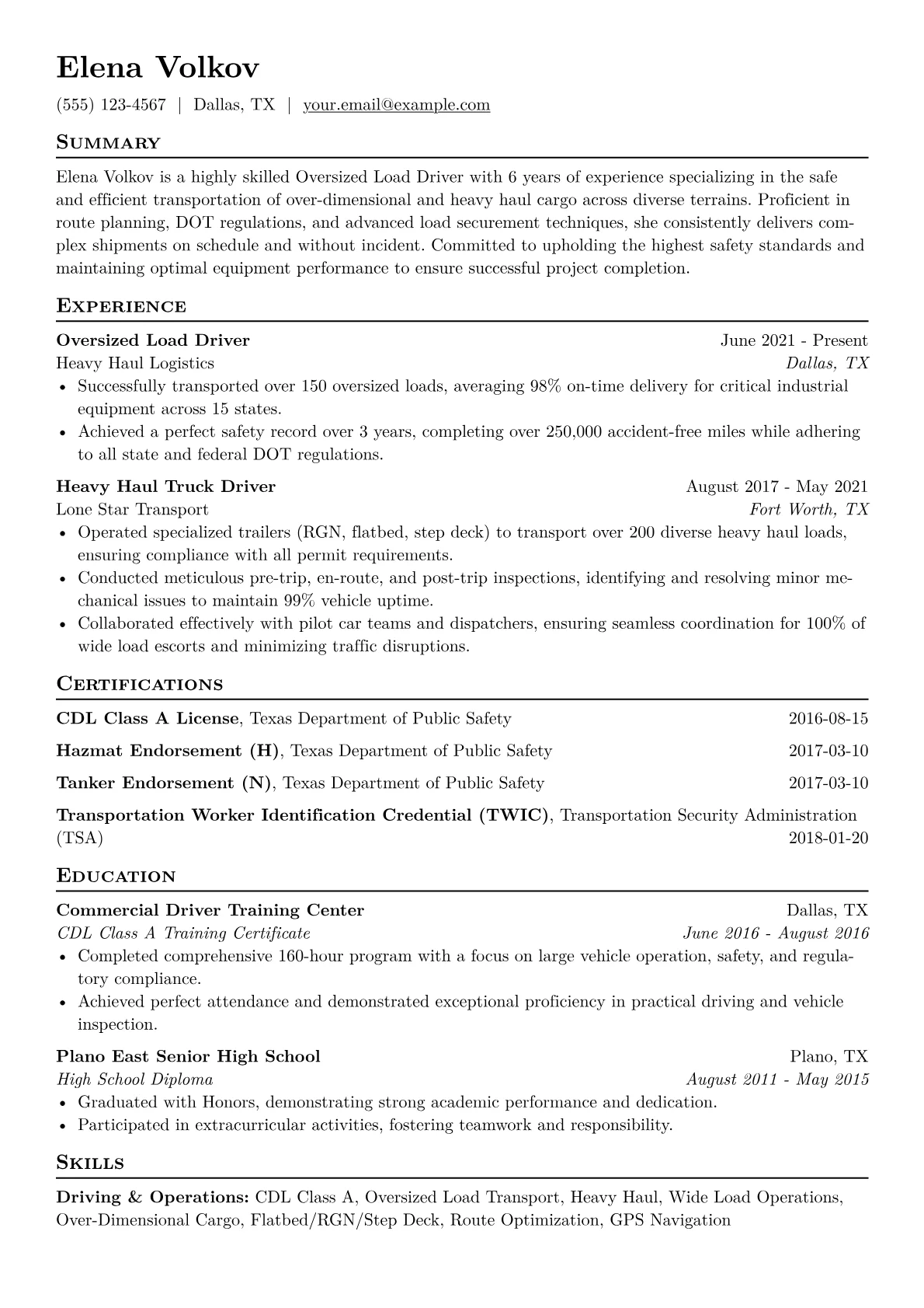 Oversized Load Driver Resume Example CV template - Page 1