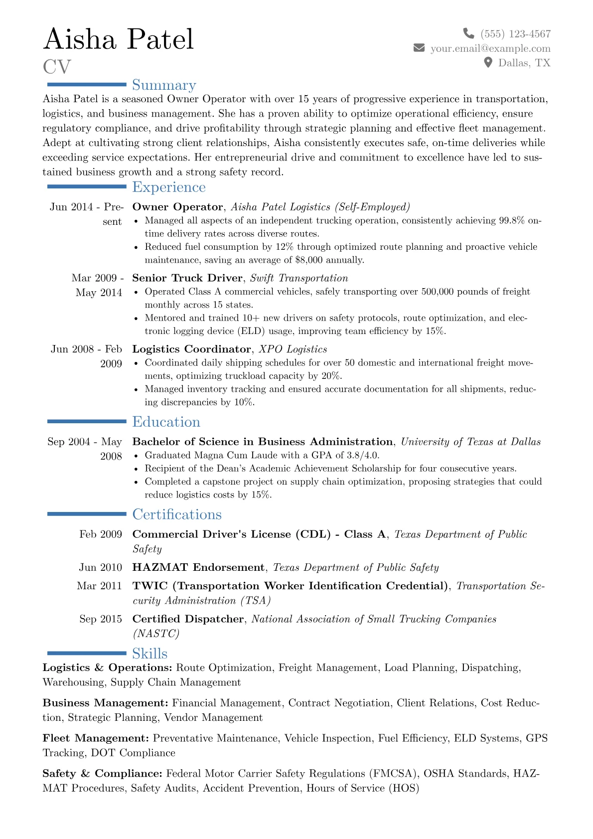 Owner Operator Resume Example CV template - Page 1