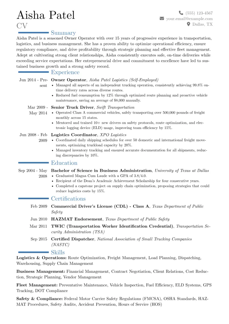 Owner Operator Resume Example CV template preview