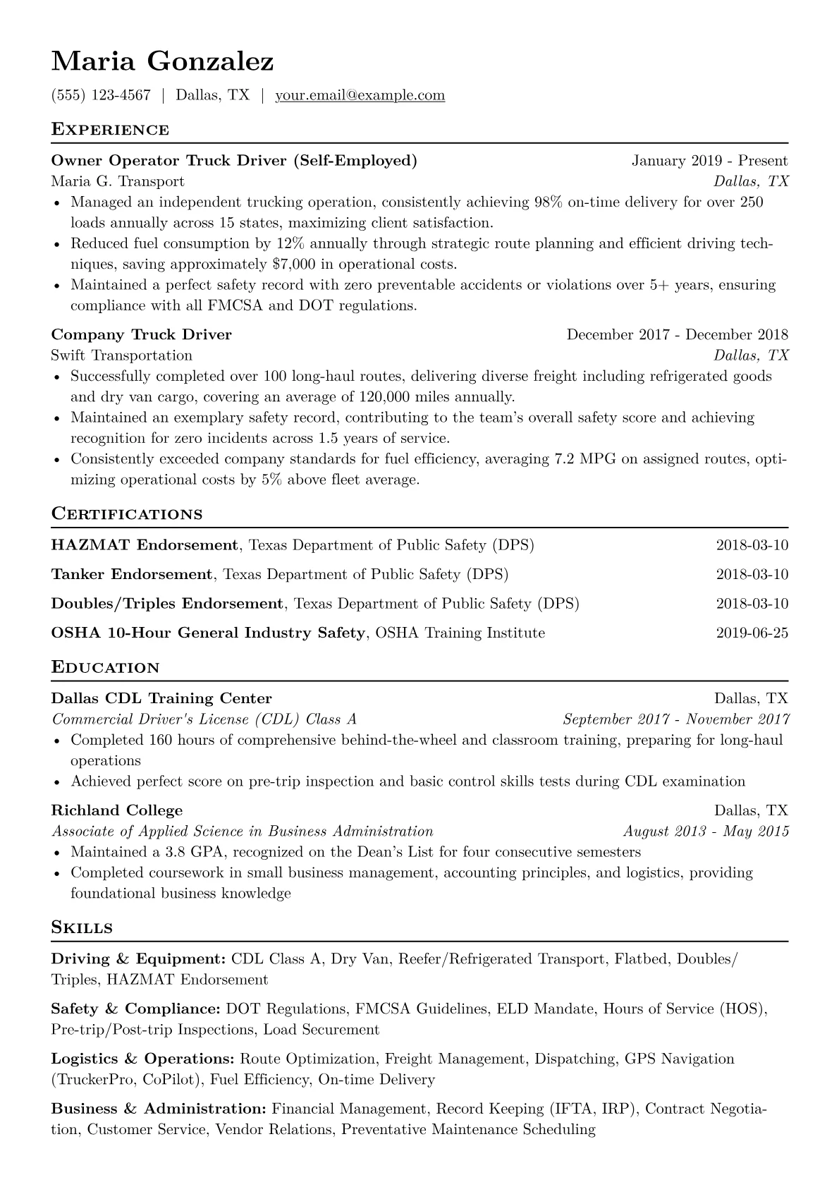 Owner Operator Truck Driver Resume Example CV template - Page 1