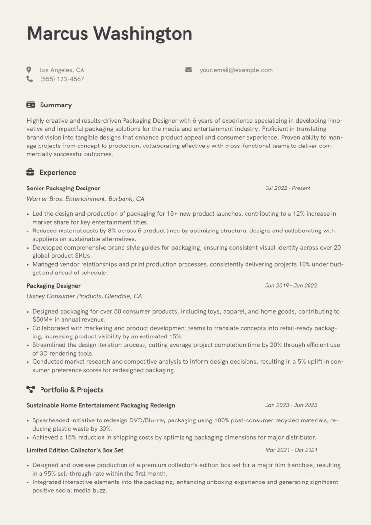 Packaging Designer Resume Example CV template preview