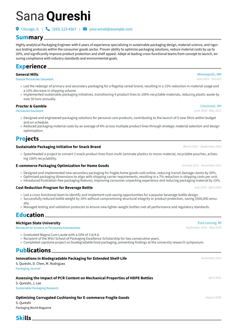 Packaging Engineer Resume Example CV template preview