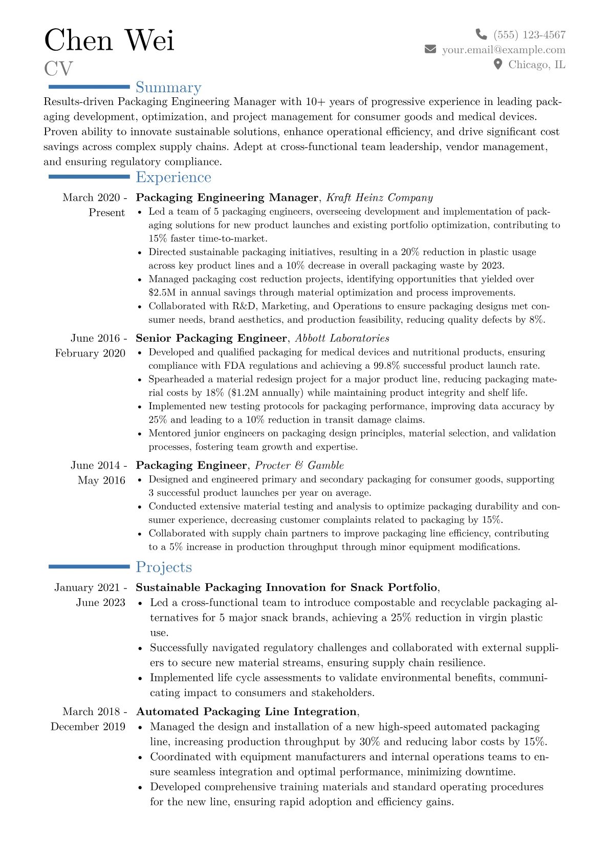 Packaging Engineering Manager Resume Example CV template - Page 1