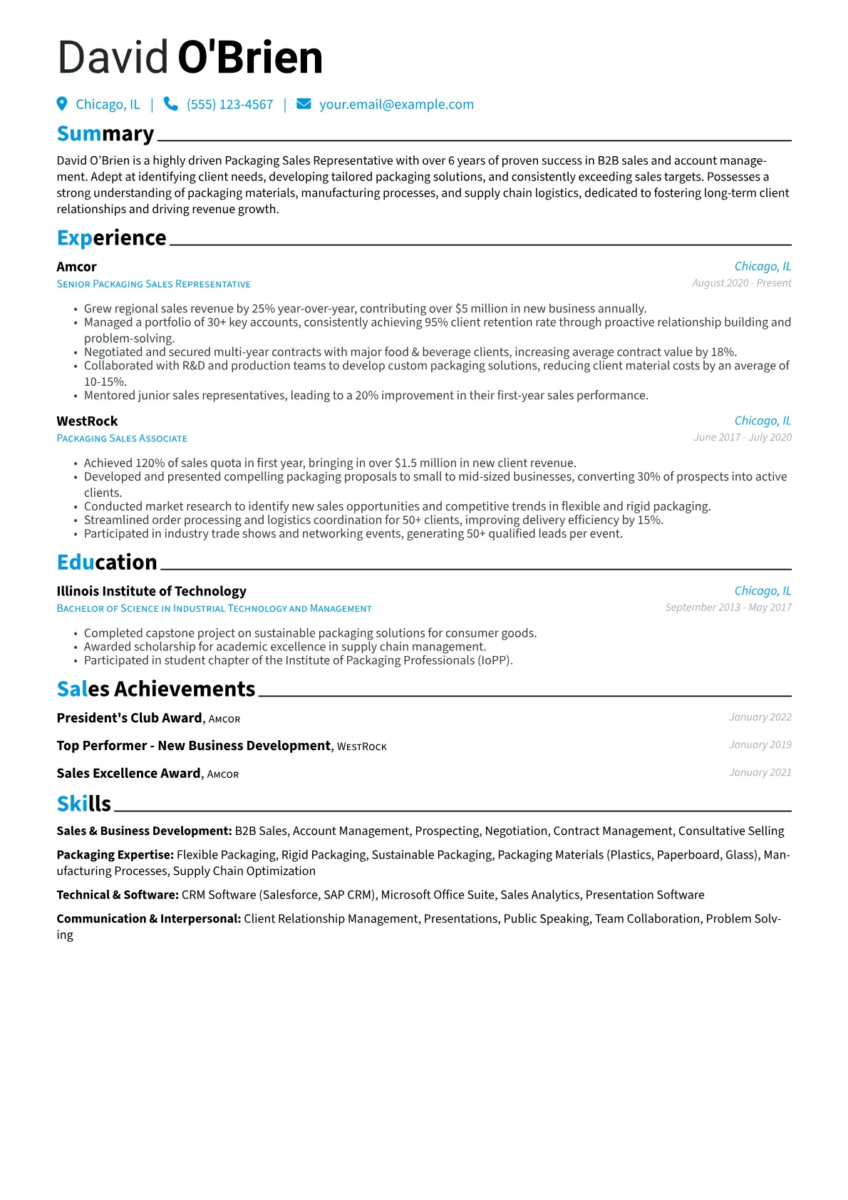 Packaging Sales Representative Resume Example CV template - Page 1