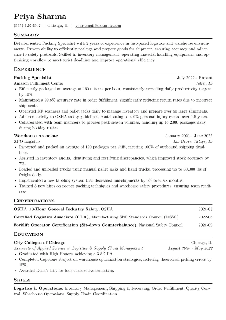 Packing Specialist Resume Example CV template preview