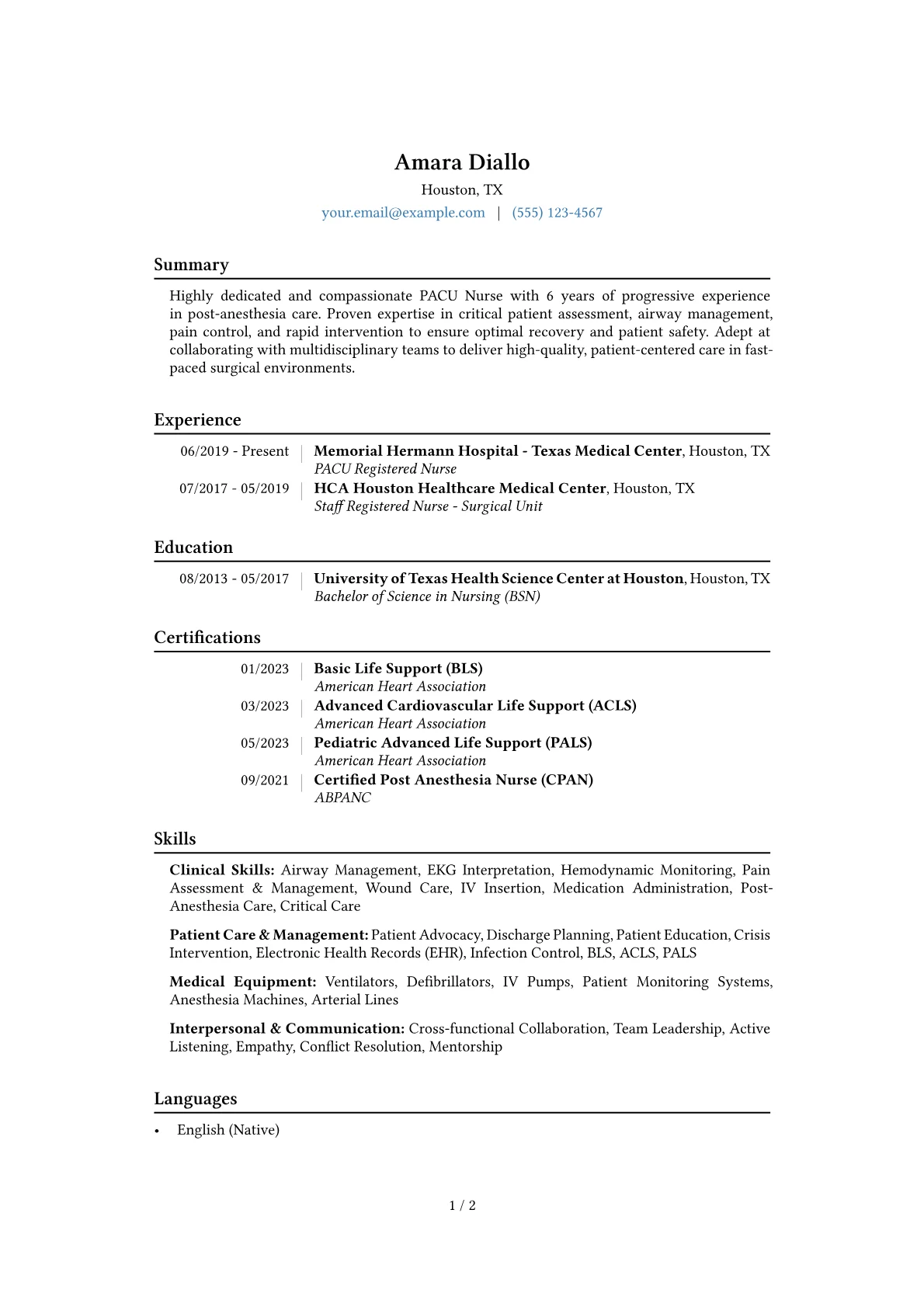 PACU Nurse Resume Example CV template - Page 1