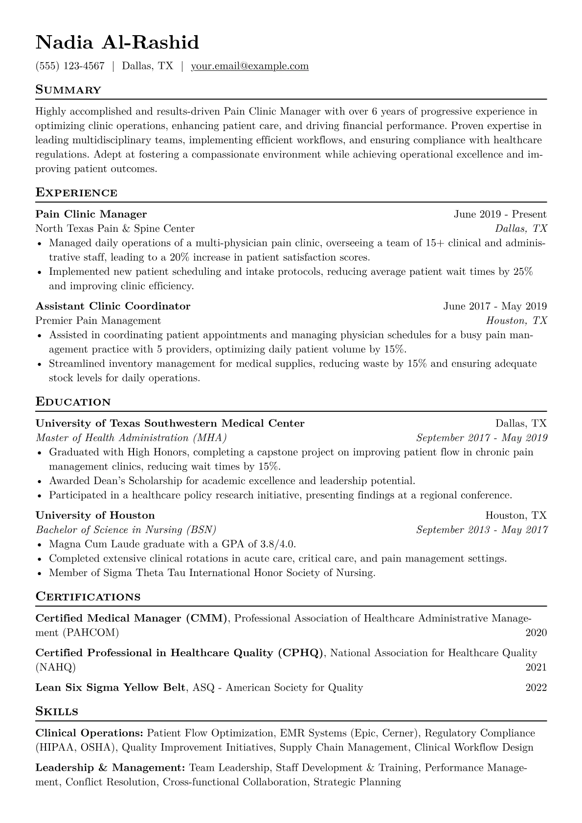 Pain Clinic Manager Resume Example CV template - Page 1