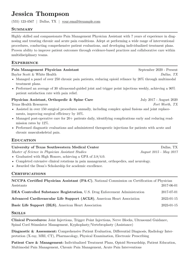 Pain Management PA Resume Example CV template preview