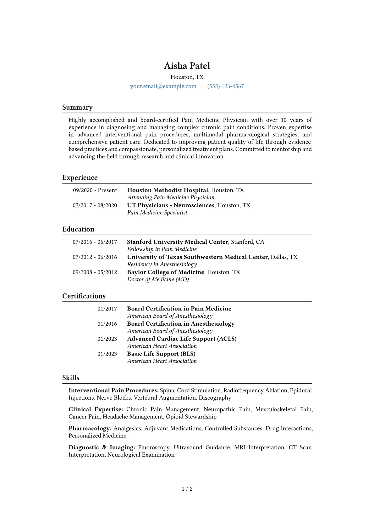 Pain Medicine Physician Resume Example CV template - Page 1