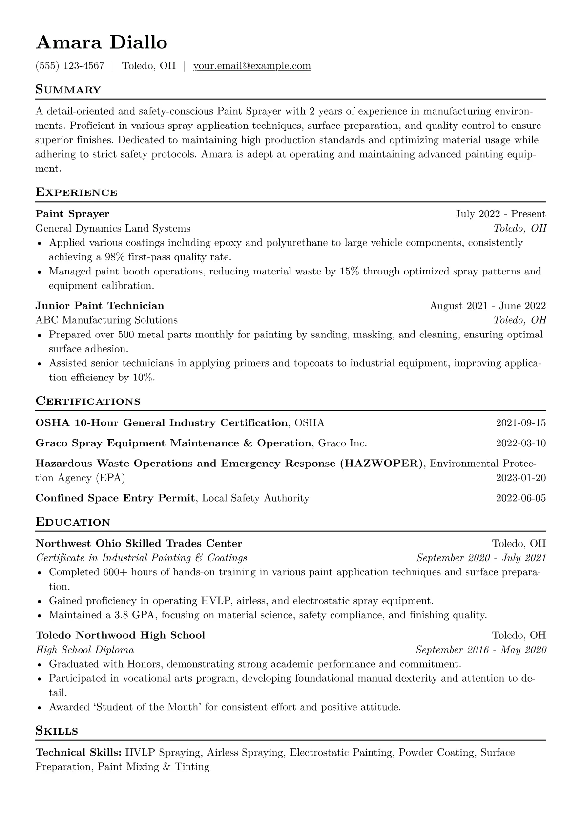 Paint Sprayer Resume Example CV template - Page 1