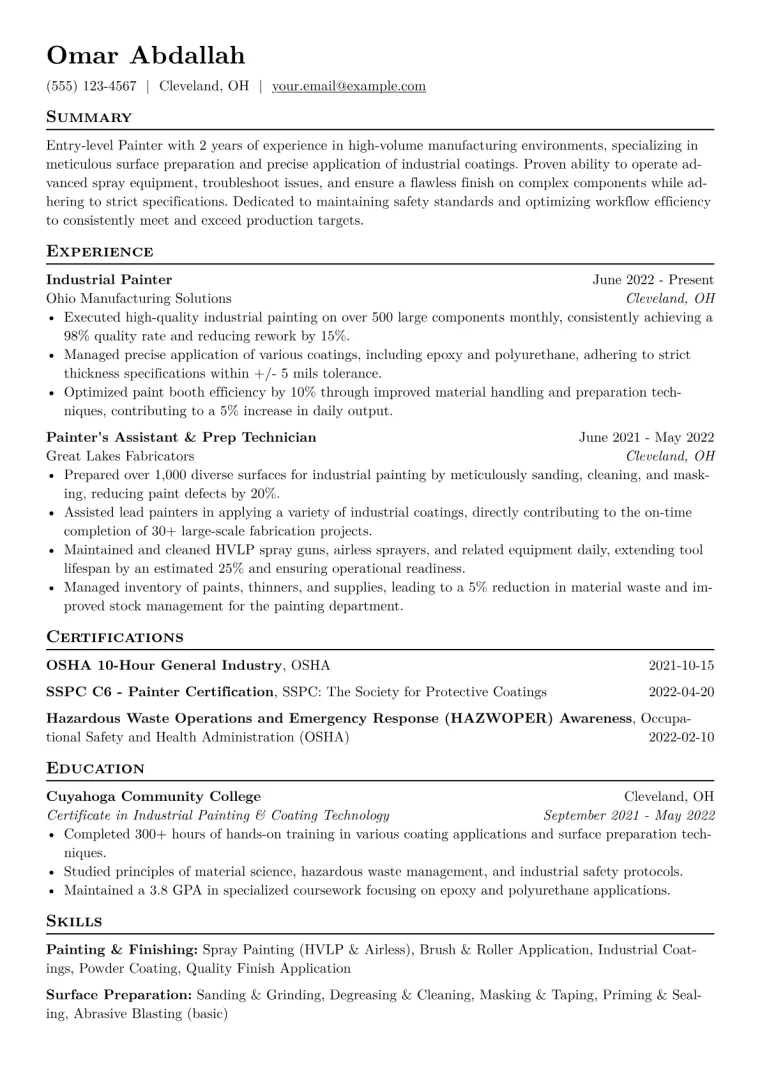 Painter Resume Example CV template preview