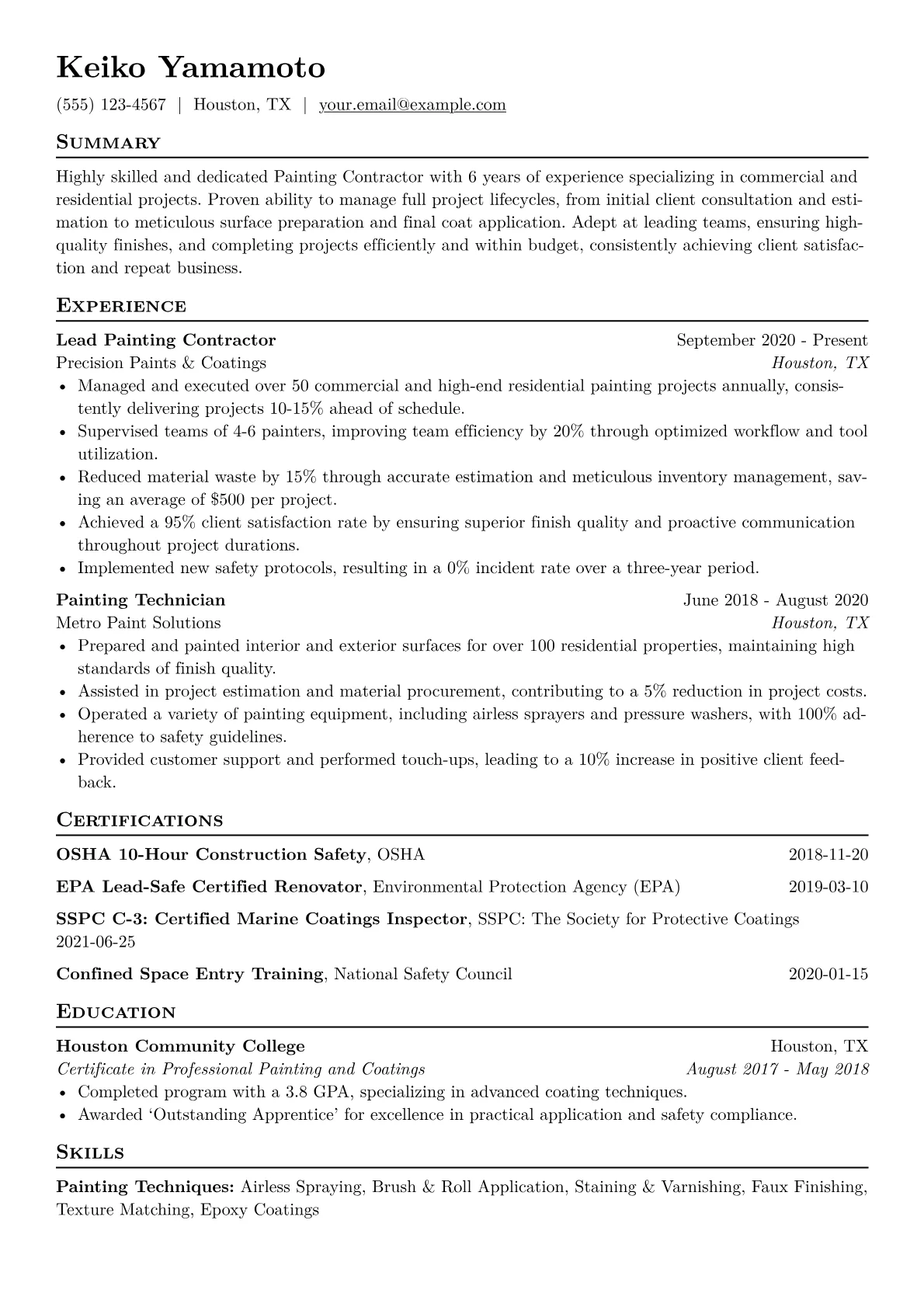 Painting Contractor Resume Example CV template - Page 1