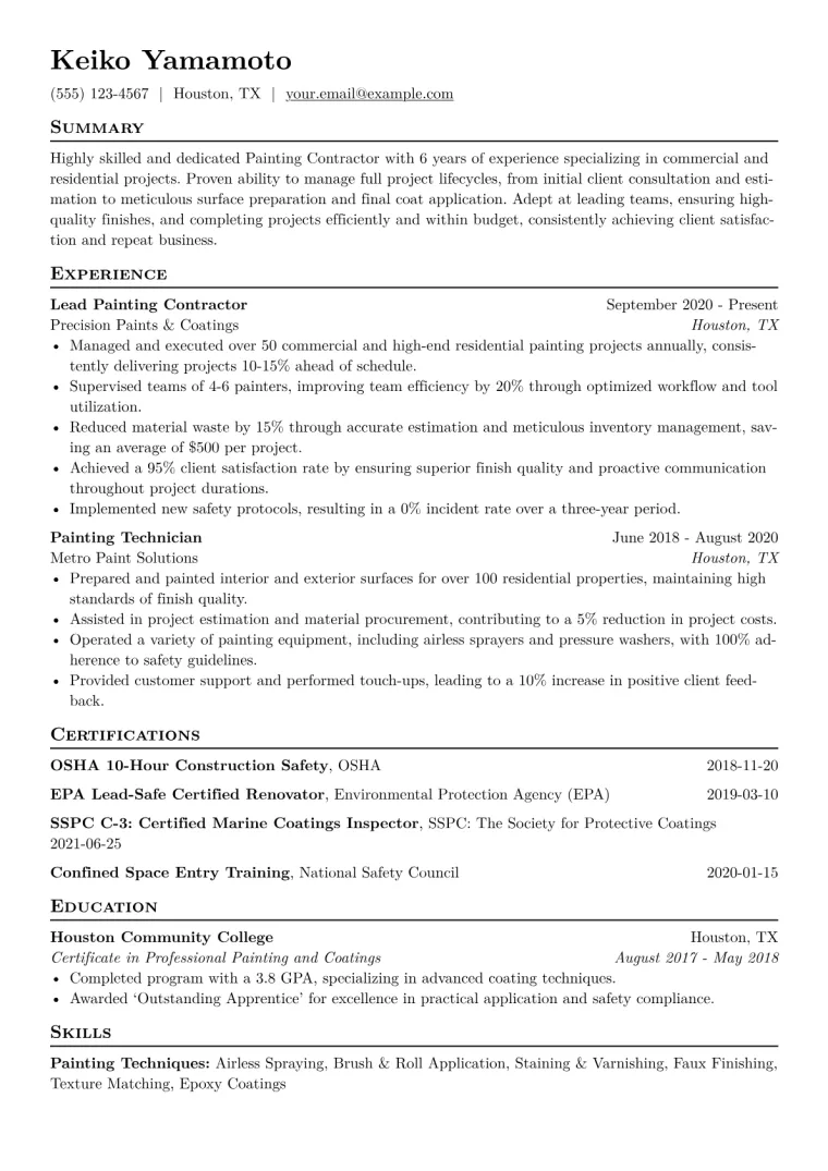 Painting Contractor Resume Example CV template preview
