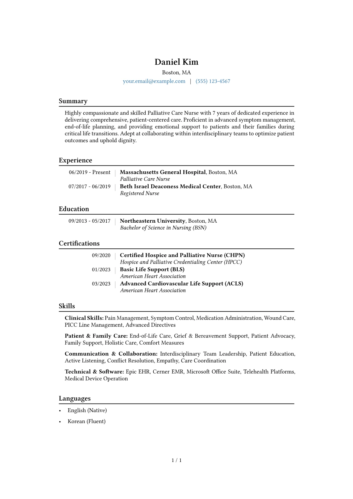 Palliative Care Nurse Resume Example CV template - Page 1