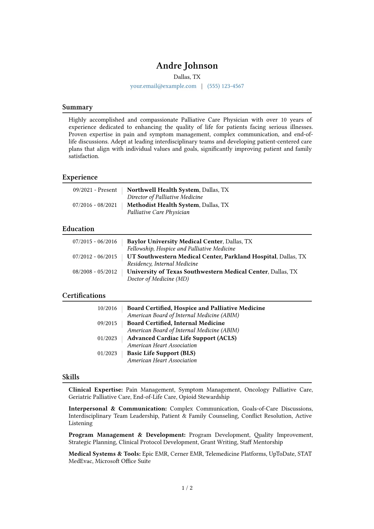 Palliative Care Physician Resume Example CV template - Page 1