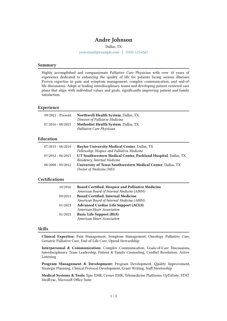 Palliative Care Physician Resume Example CV template preview