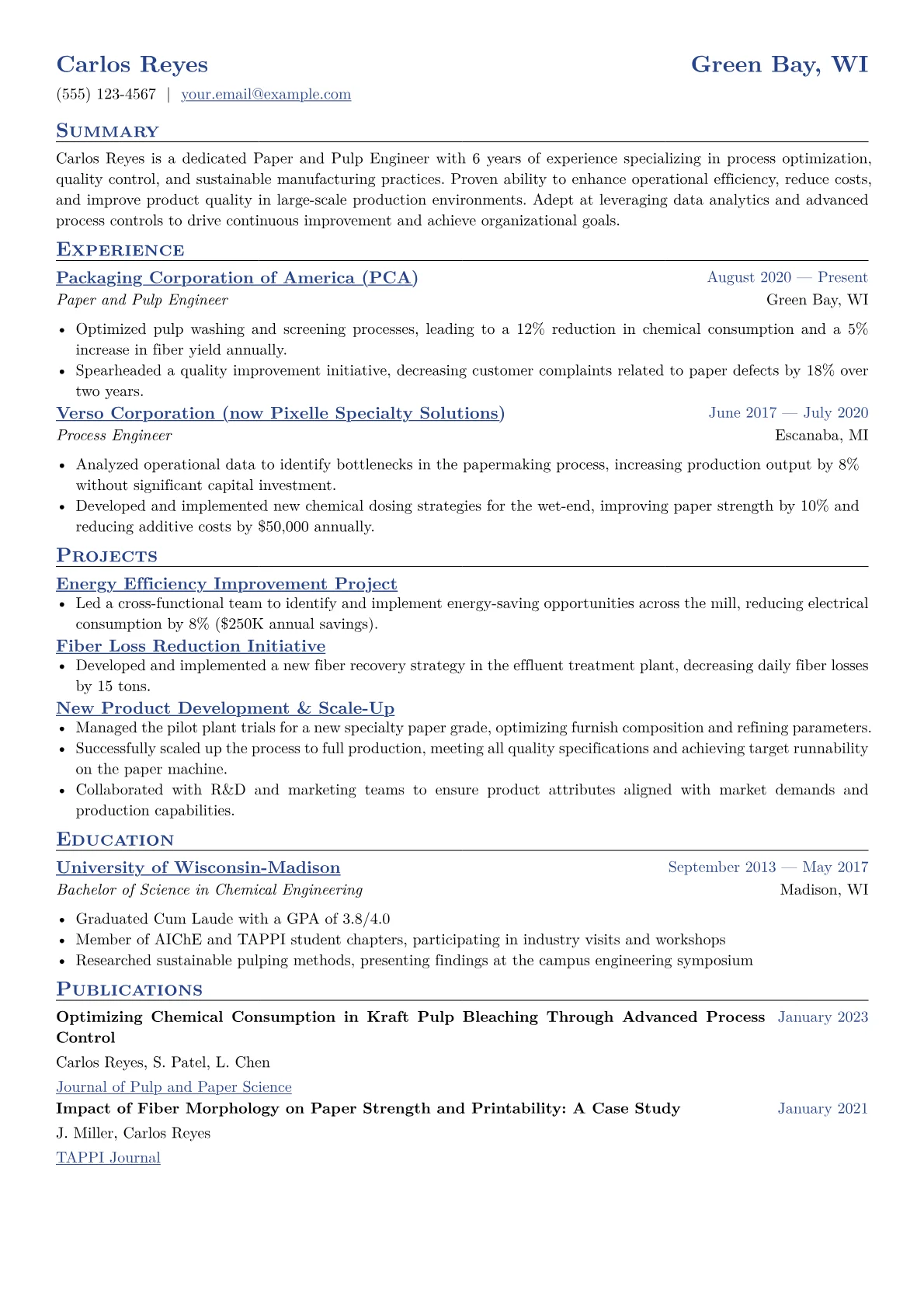 Paper and Pulp Engineer Resume Example CV template - Page 1