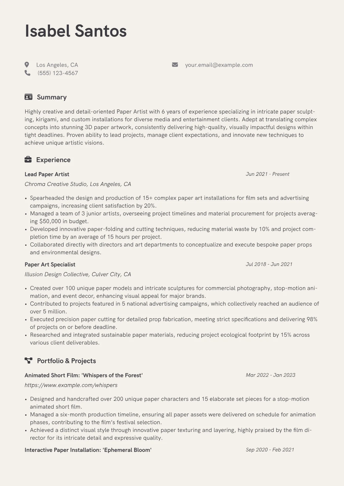 Paper Artist Resume Example CV template - Page 1