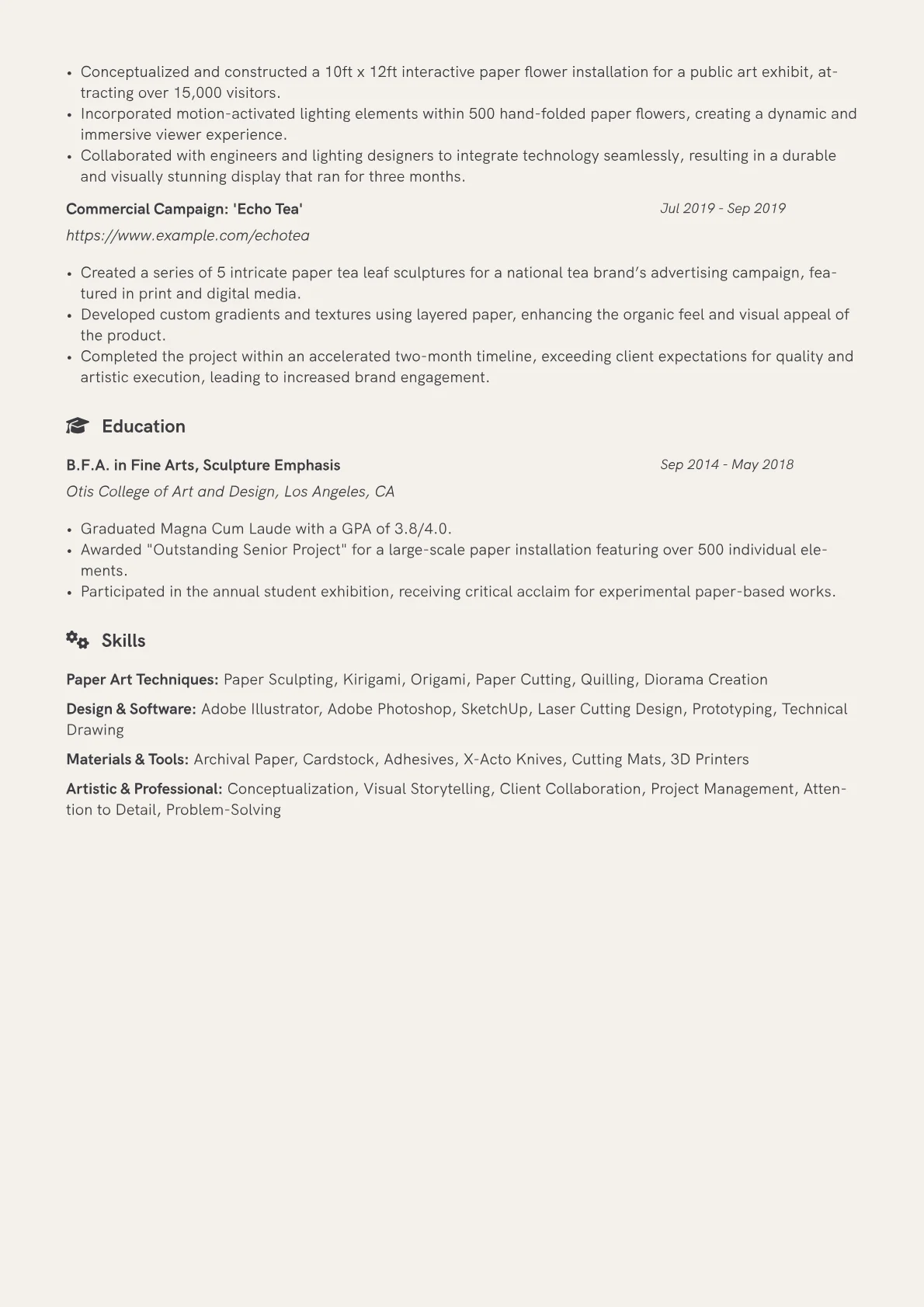 Paper Artist Resume Example CV template - Page 2