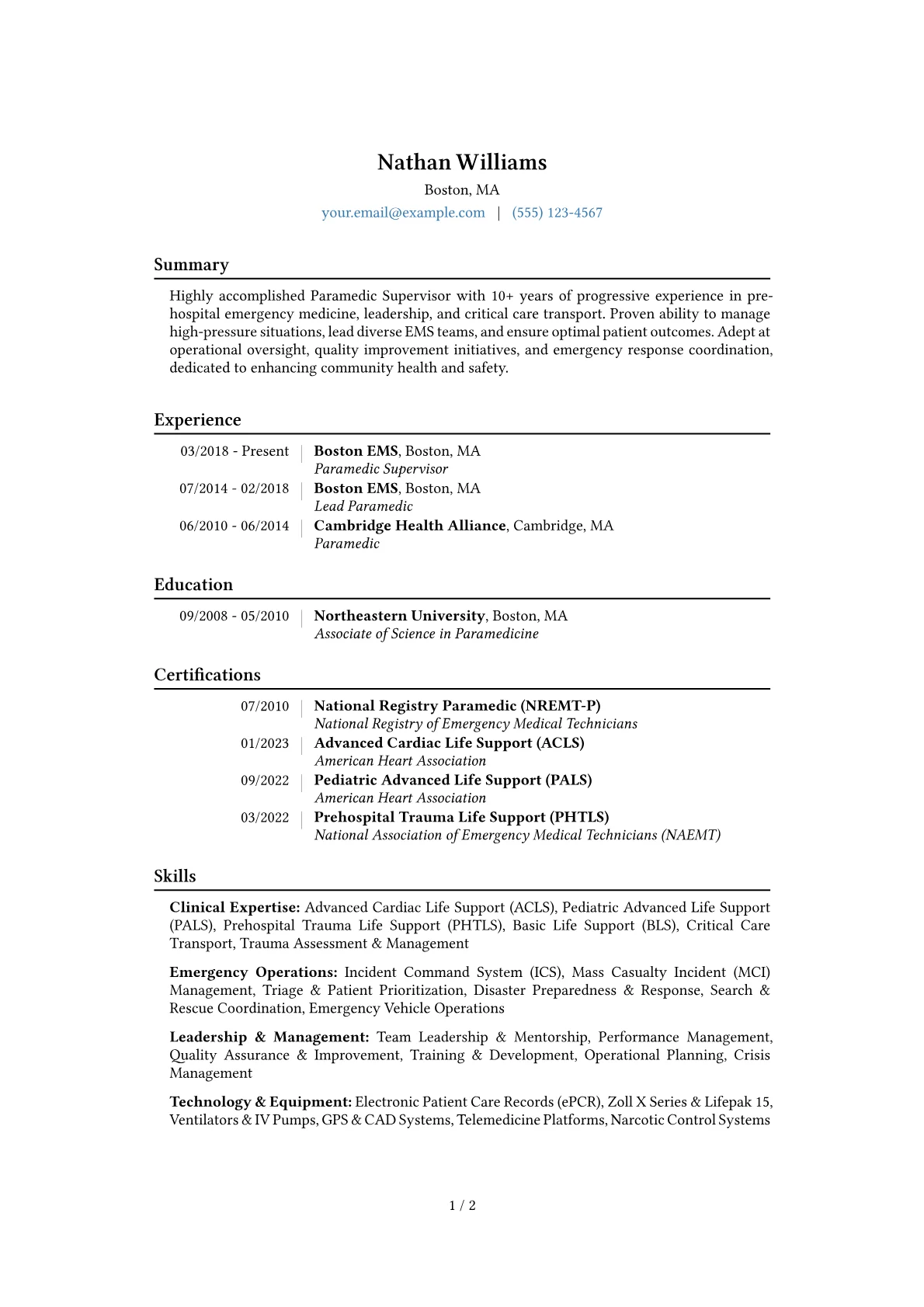 Paramedic Supervisor Resume Example CV template - Page 1