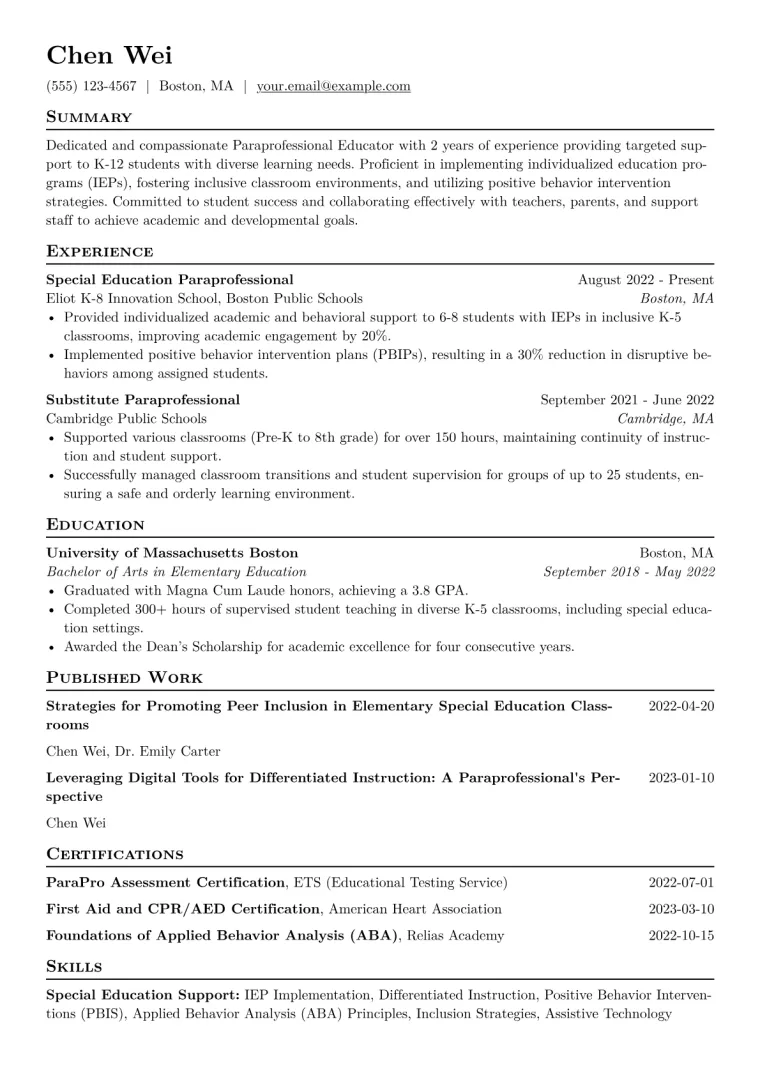 Paraprofessional Educator Resume Example CV template preview